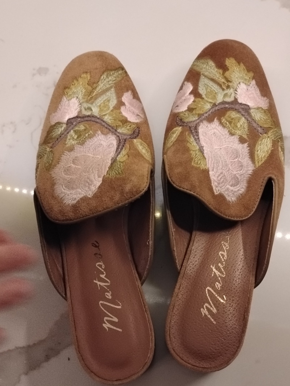 Naturalizer Tan Suede Embroidered Slip-On Mules with Pink Floral Accents